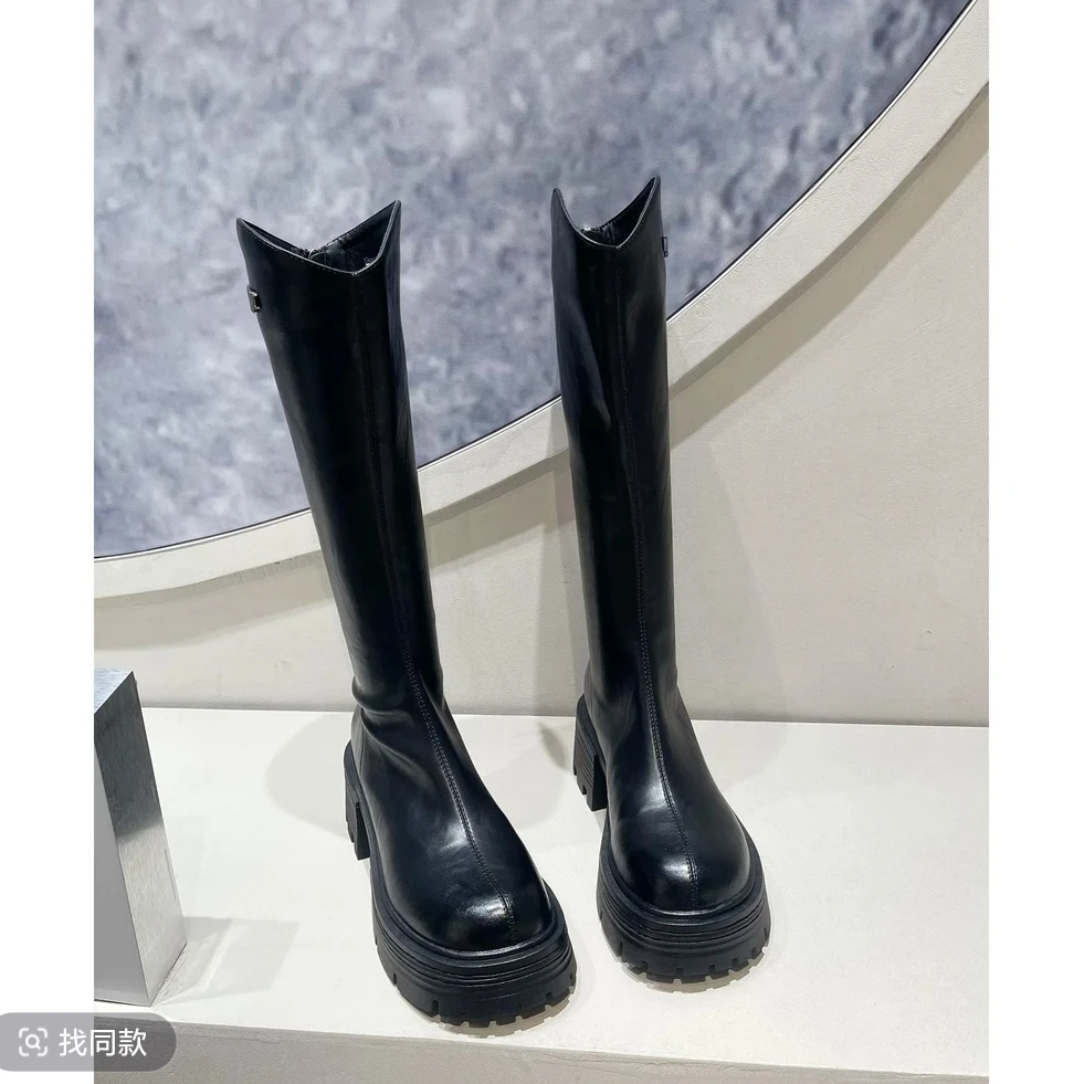 W07-701长筒靴女秋冬季小个子高筒骑士靴厚底v口中跟粗跟瘦瘦靴