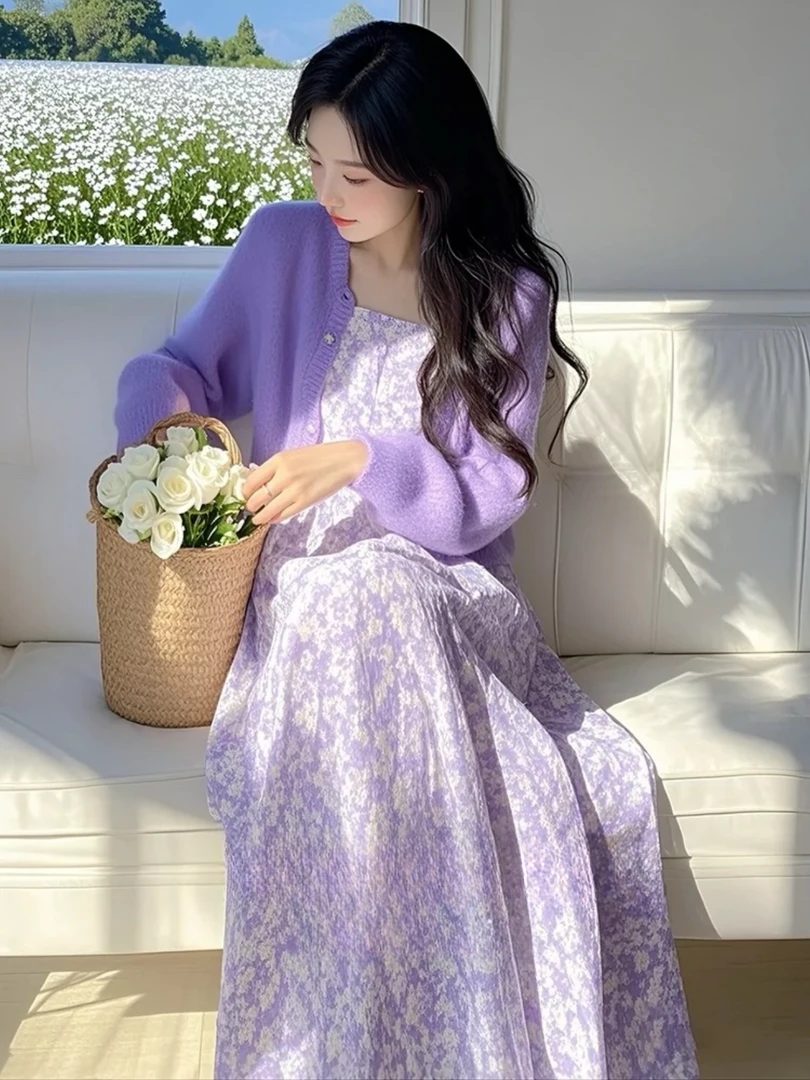 春季穿搭一整套减龄洋气时尚高级感韩系小香风紫色针织吊带套装裙