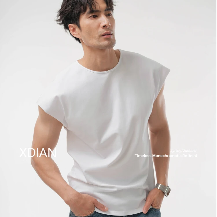 续点美式宽肩背心弹力保型无袖t恤男士纯棉运动健身坎肩穿搭推荐