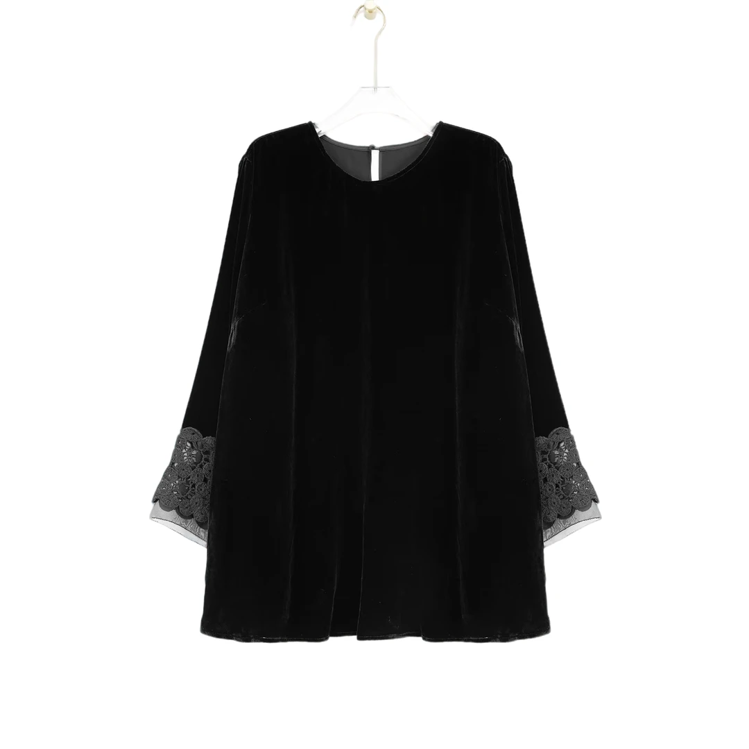 大码时尚弹力真丝丝绒时尚圆领袖口对丝拼花边套头上衣8880