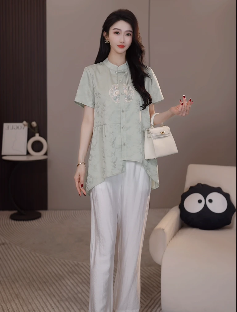 依帆专属801夏季新款中式时尚修身气质收腰裤子套装