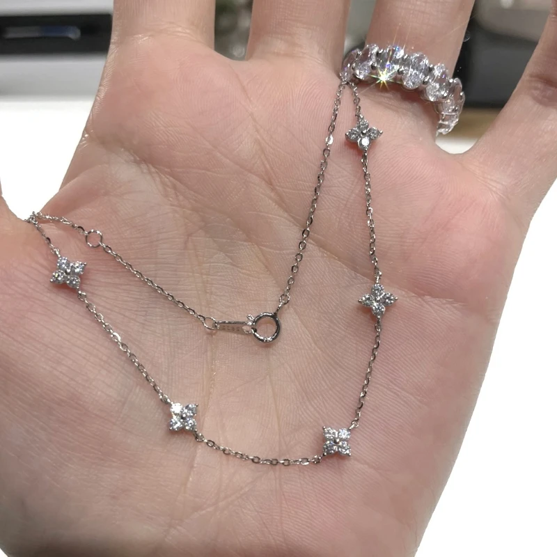 坠链均925银合成锆石 细闪迷你四叶草满天星项链