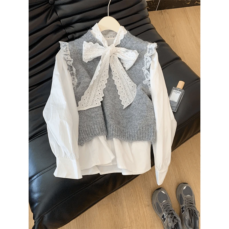 时尚穿搭女士新款蕾丝边显瘦针织马甲系带韩版休闲长袖衬衫上衣
