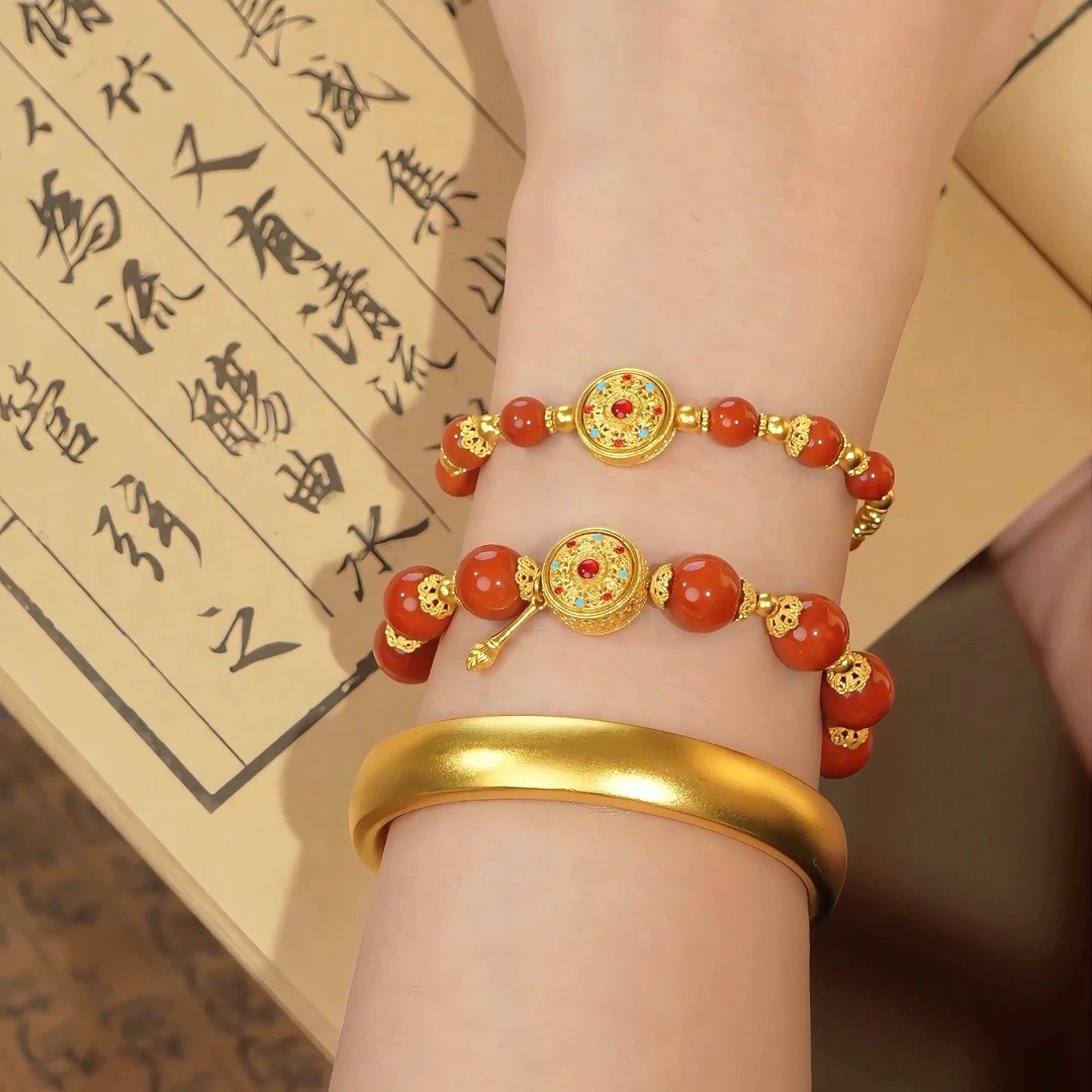 MEMORA/诗普琳×灵转八宝罗盘足金999黄金南红手链情人节礼物送人
