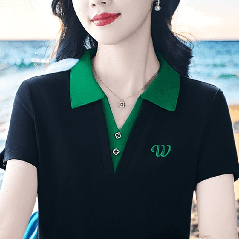 夏装时尚妈妈POLO衫宽松高端气质好看短袖t恤女百搭绣花上衣翻领