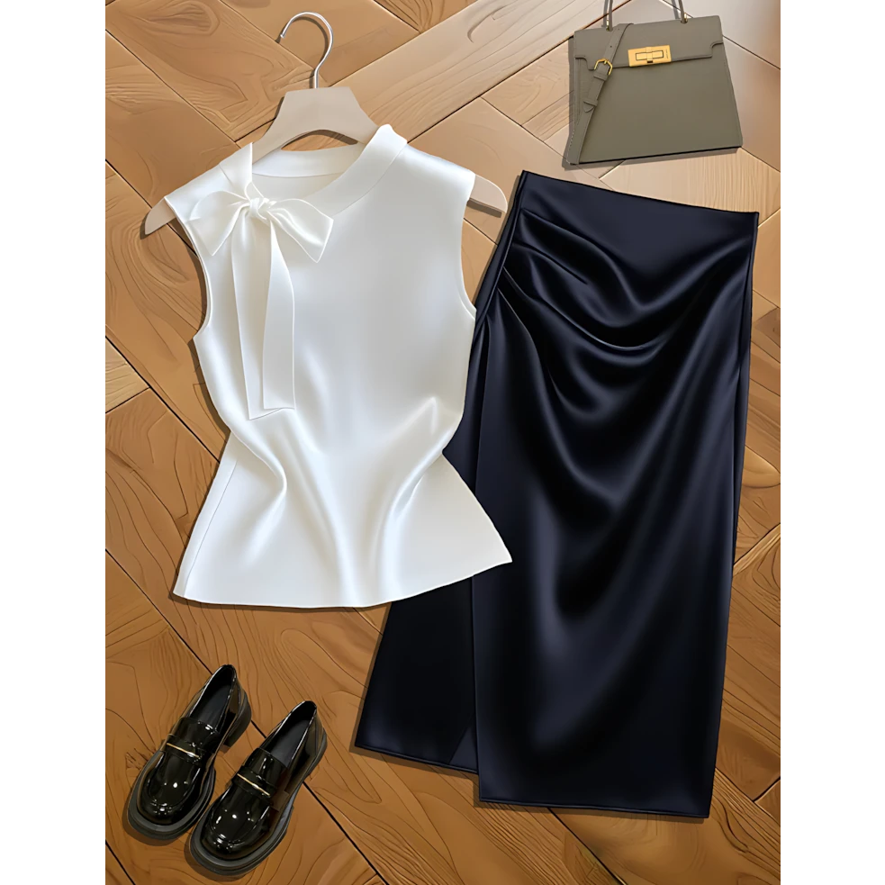 夏装夏新款轻奢感一整套飘带气质缎面无袖小众A字百搭高腰半身裙