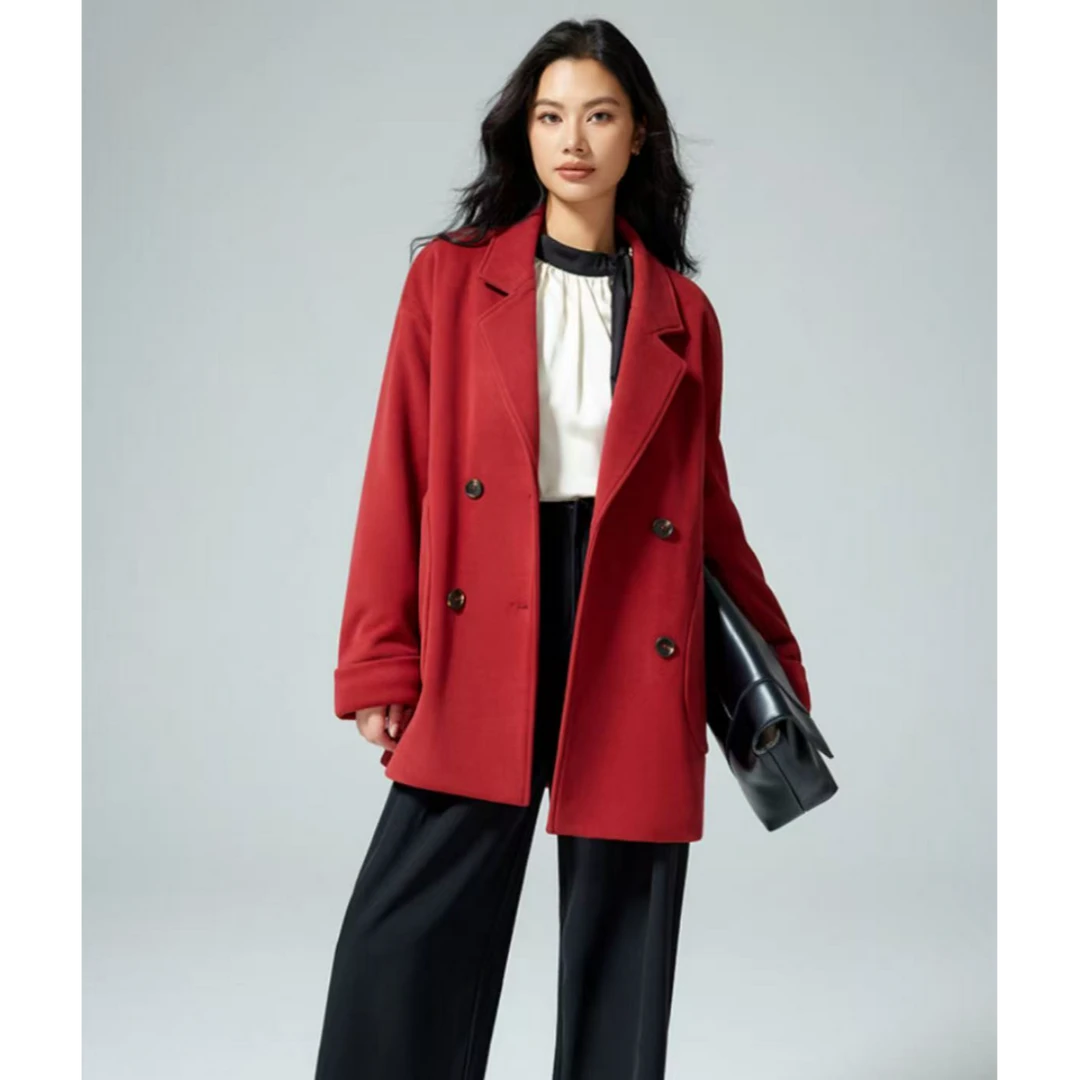 7750-女士（安可拉红）鹅绒内胆毛呢大衣风衣