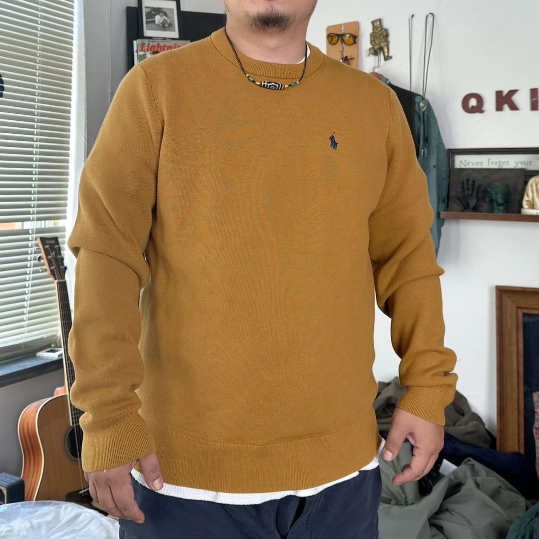 秋冬圆领纯棉针织衫春秋休闲简约刺绣潮流长袖纯色男装
