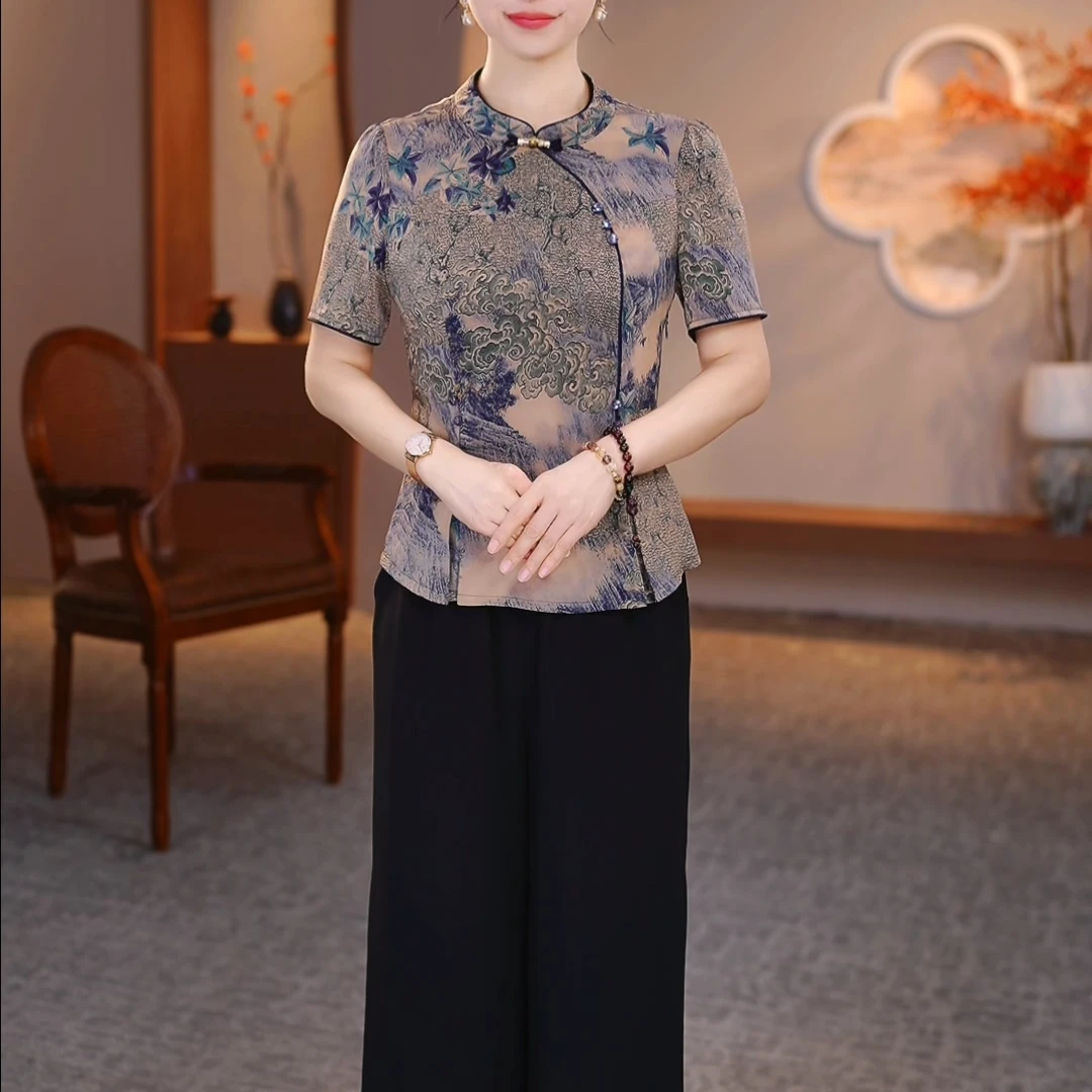 （现货现发）两件套夏季改良旗袍妈妈装上衣+裤子（天）XKL-2558612