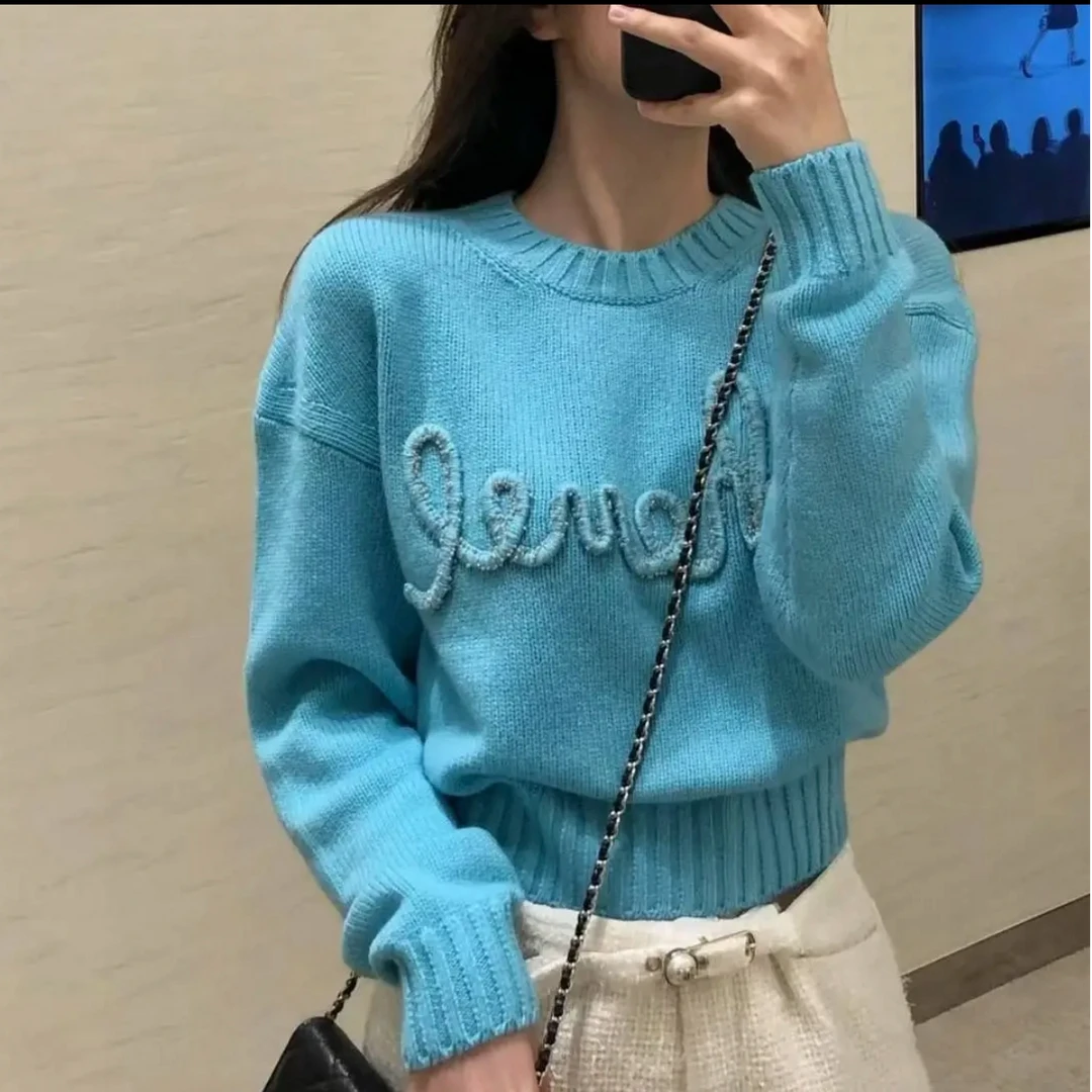 99新 Chanel/香奈儿 汤/P245620871/蓝色 字母logo 毛衣 34码