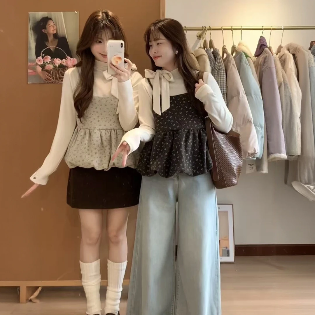 【鱼白又白】2025年秋季法式茶歇设计感碎花吊带背心二件套宽松显瘦