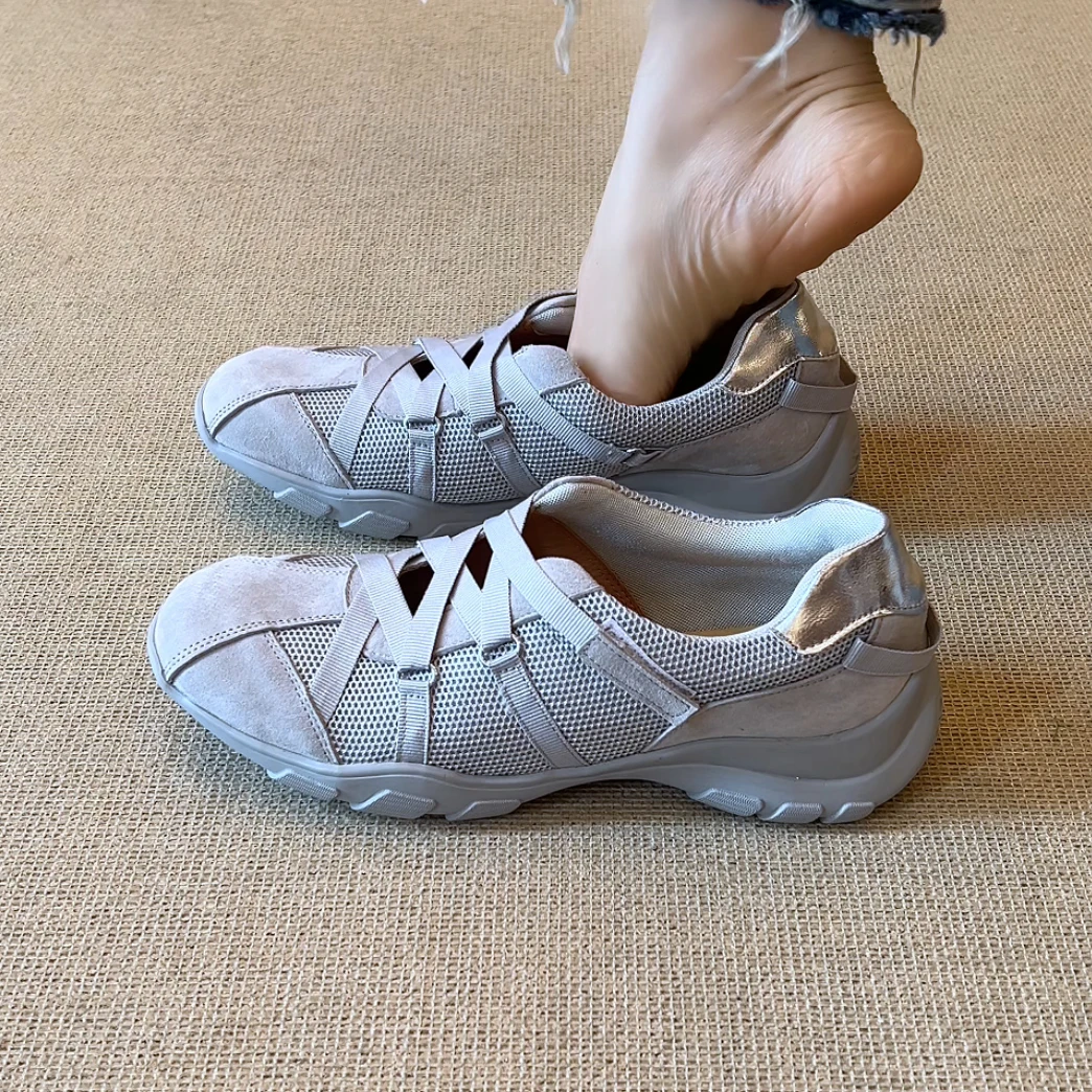 RubyL/3.5cm休闲运动风网面拼接交叉弹力带圆头深口厚底单鞋女款