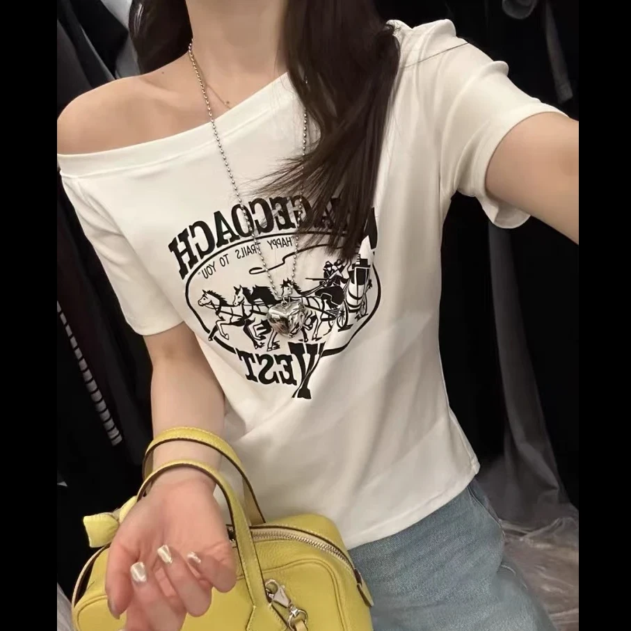 【运补6-8】2025夏季斜肩短袖修身T恤女装打底衫ins短袖上衣+白色