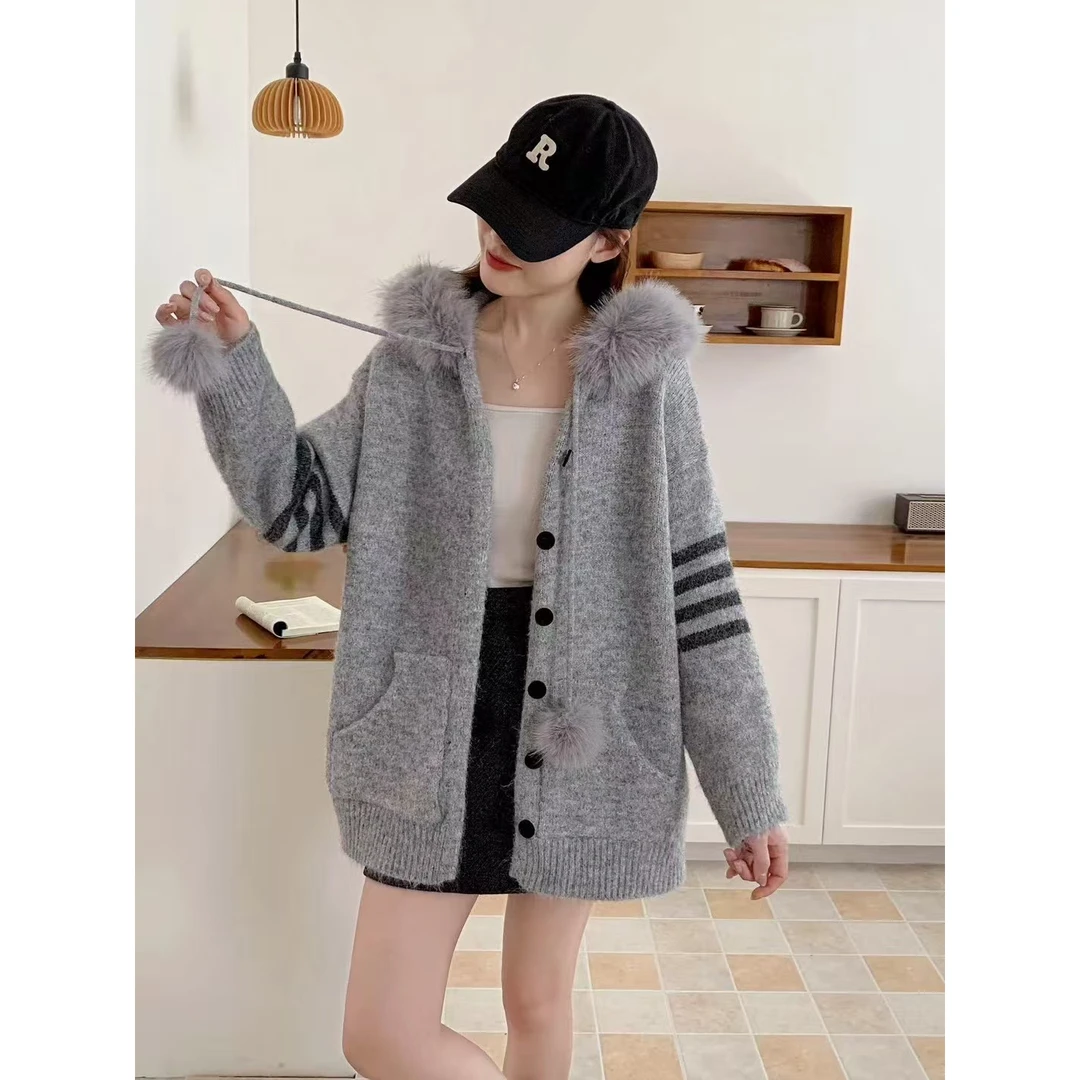 CKKOR韩版慵懒风宽松条纹针织开衫外套女秋冬新款时尚设计感毛衣