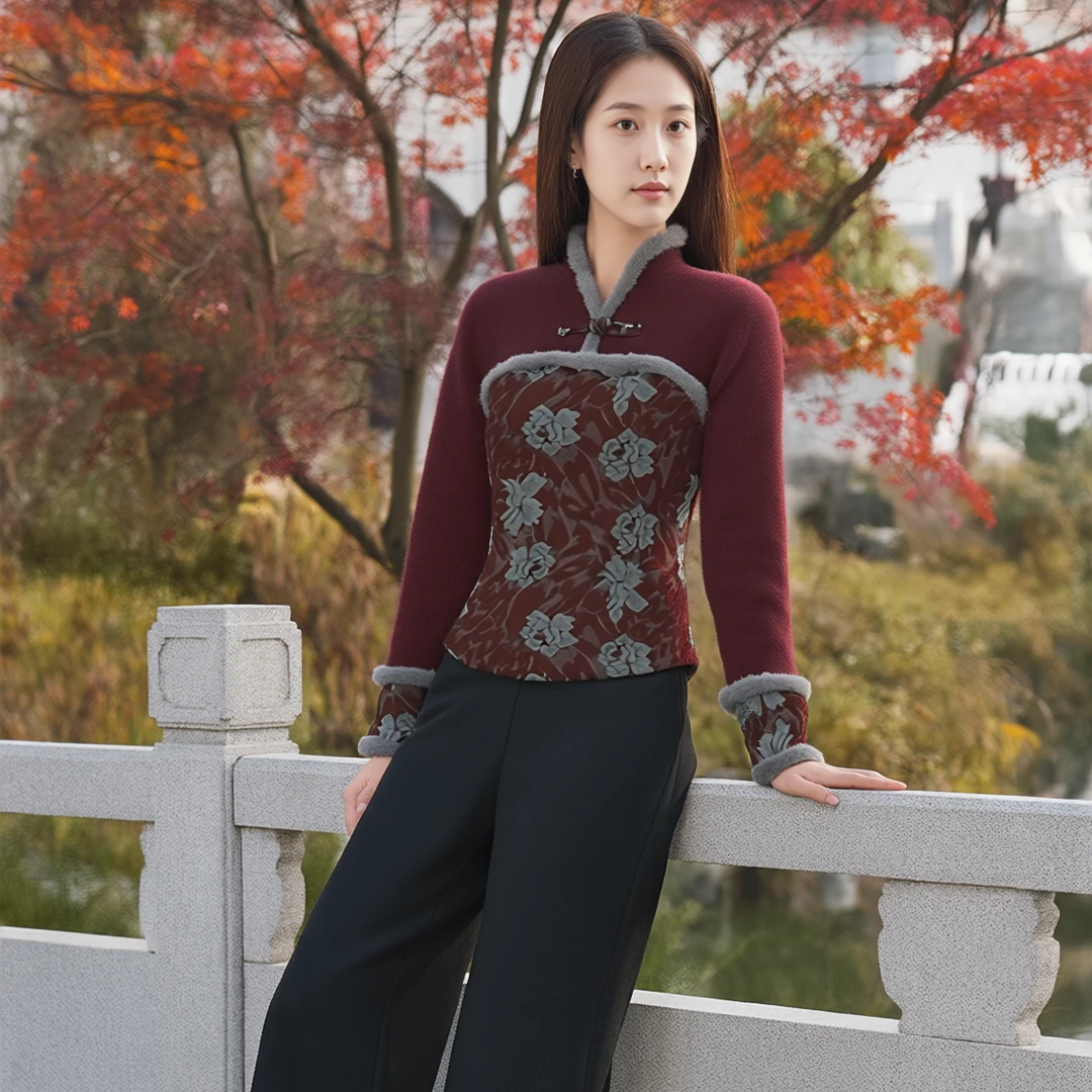 提花厚款拼接长袖V领斜襟上衣复古时尚冬季国风长款VES175