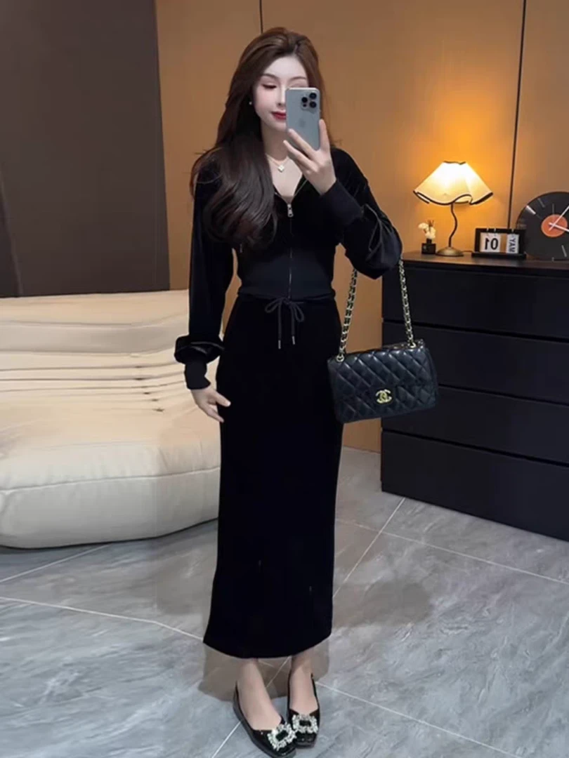 春季新高级感名媛气质丝绒连帽上衣外套半身裙套装