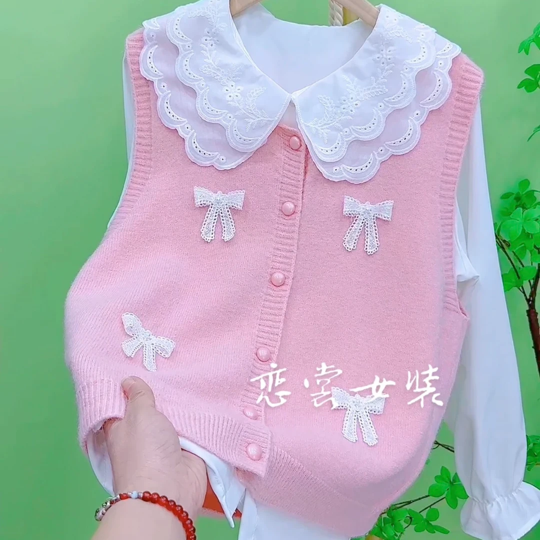 2025春季短款甜美白色蝴蝶结糖果色针织马甲长袖娃娃领衬衫两件套