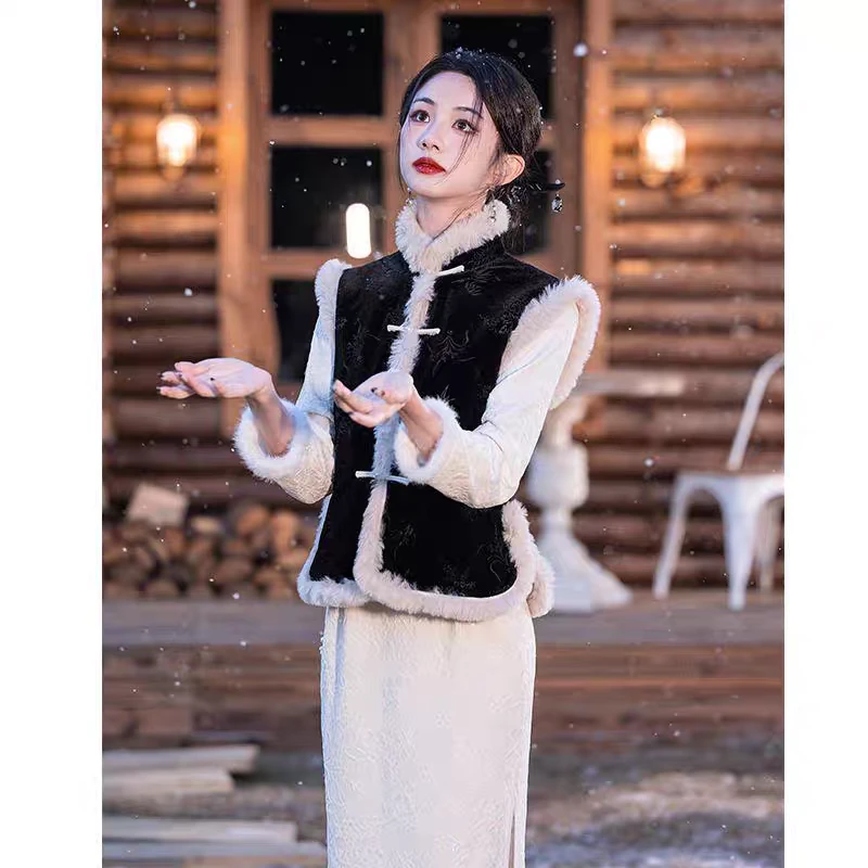 新中式旗袍马甲国风唐装复古黑色加绒加厚无袖中式外套马夹