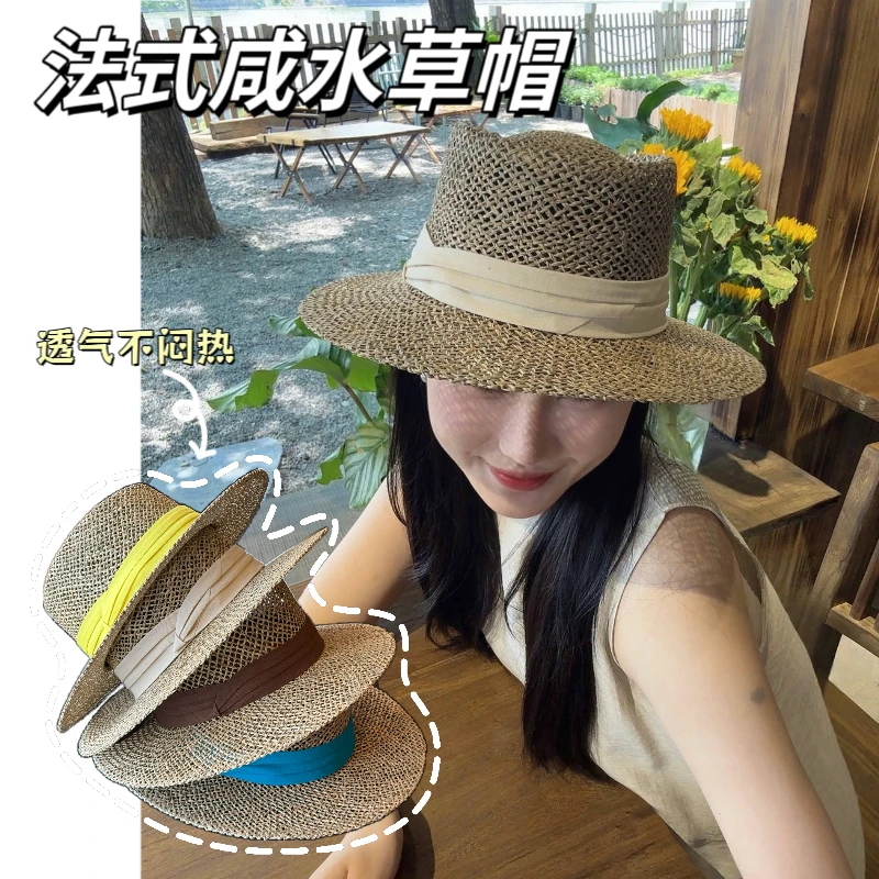 ins春夏法式织带咸水草编平顶礼帽女老钱沙滩度假镂空遮阳草帽