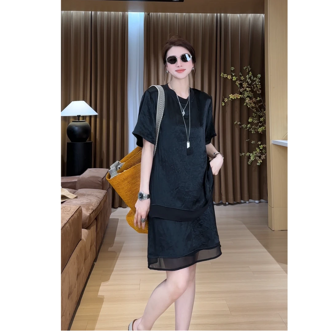 YYOUHAN 2025夏季小众设计极简轻纱拼接百搭醋酸两件套 2505C2645