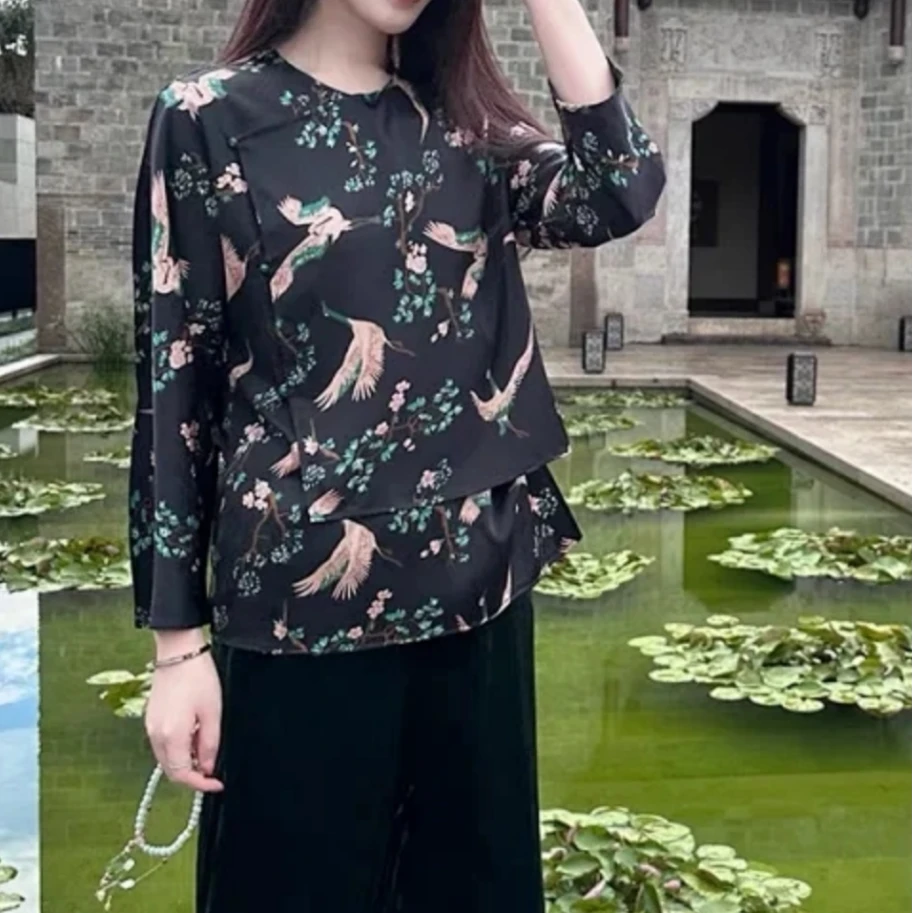 【刘家】复古九分袖宽松圆领宽松飞鸟动物印花上衣