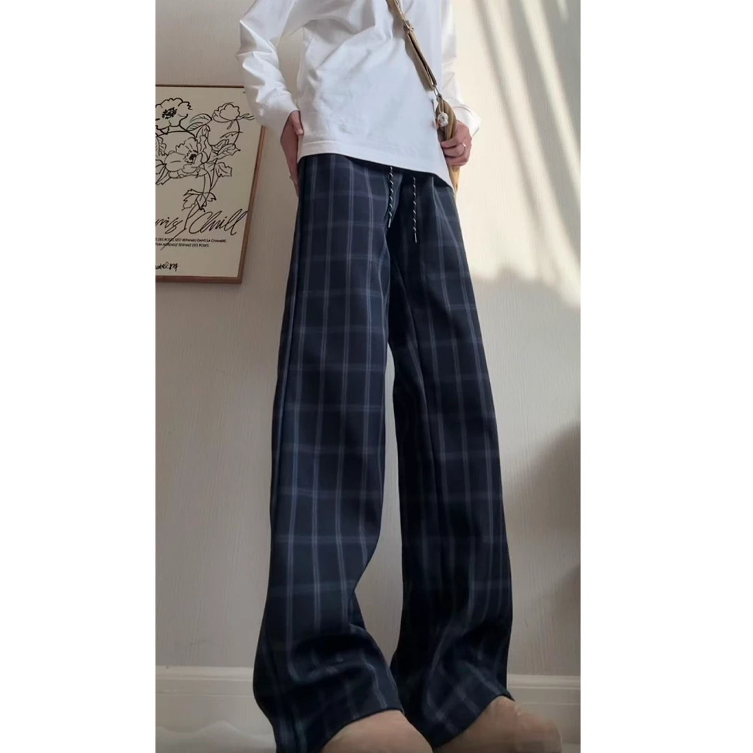 冬季新款复古蓝黑格子休闲裤男vintage风加绒加厚垂感阔腿直筒裤