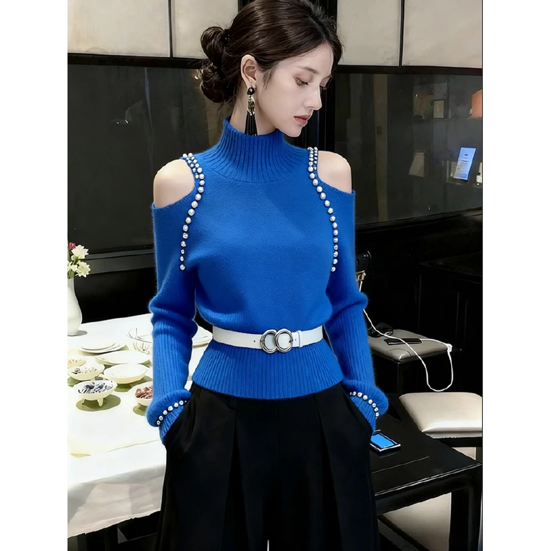 蓝色高领露肩毛衣女秋高级感独特漂亮减龄气质小香风掐腰针织上衣