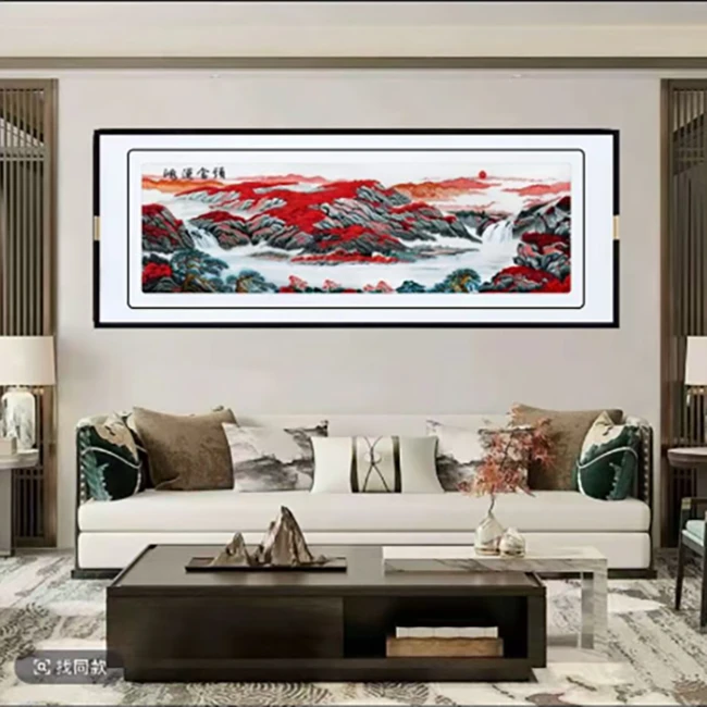 新中式真丝苏绣鸿运当头山水画客厅沙发背景墙装饰挂画