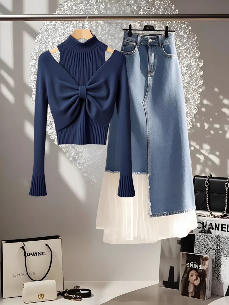 2025春季新款小众百搭高级感百搭假两件蓝色针织衫牛仔半身裙套装