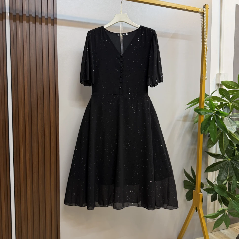 新款微胖女装时尚气质V领轻熟丁达尔风系腰带显瘦大码连衣裙