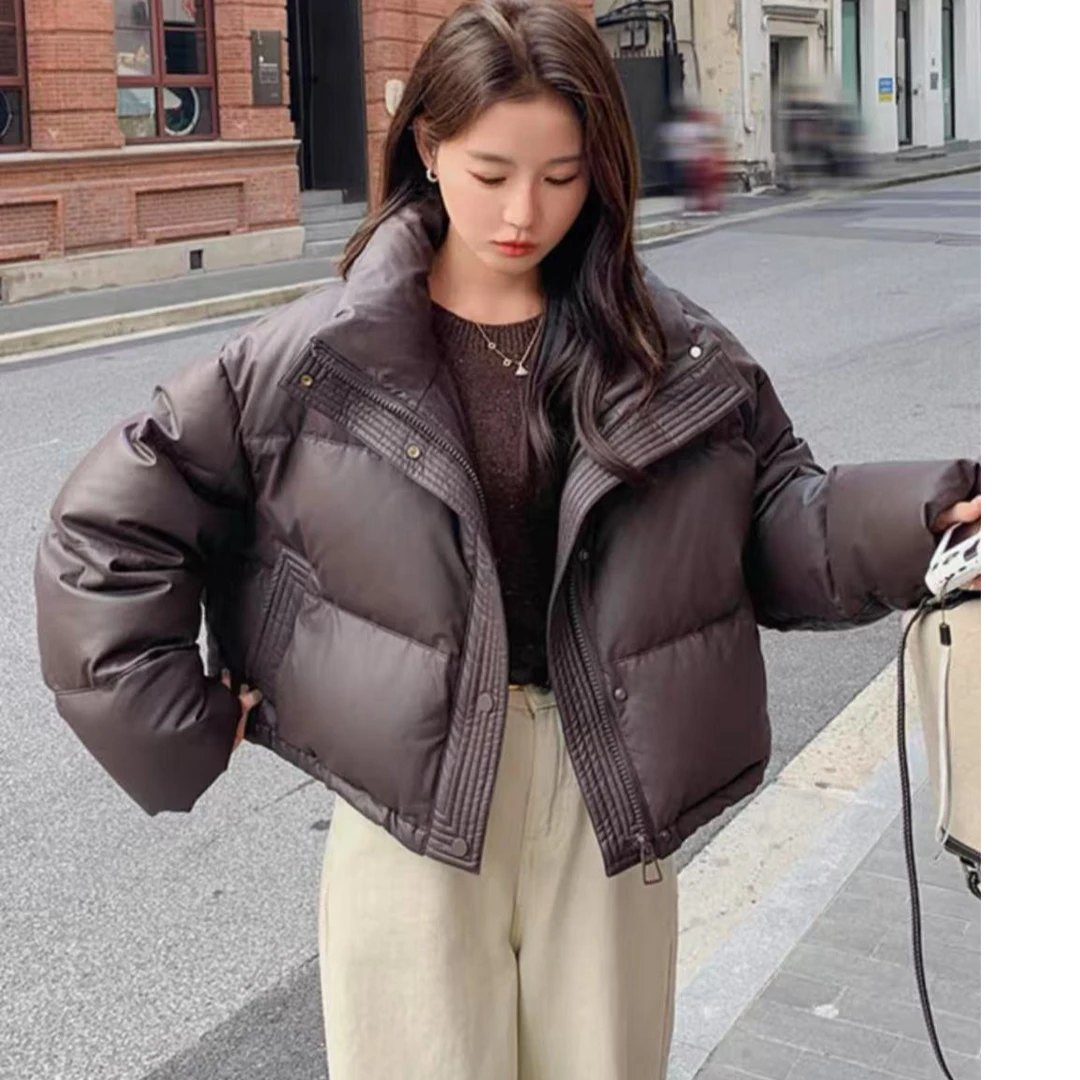 lh 520 皮羽绒服女宽松型短款棉服棉衣立领拼接加厚秋冬连帽女装