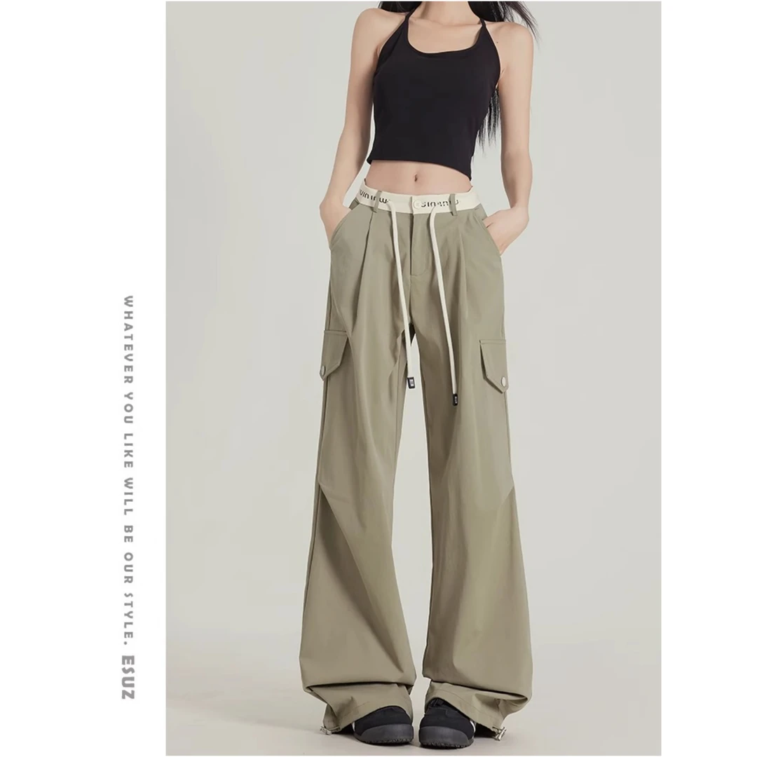 高街卡其绿拼接抽绳阔腿工装裤女春夏薄款宽松休闲运动爵士舞裤子