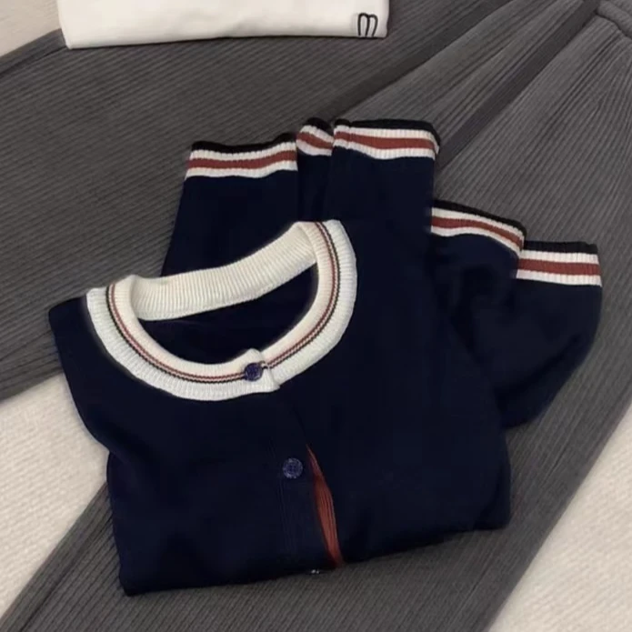 七言家 洋气秋款丹宁蓝春款撞色长袖开衫@