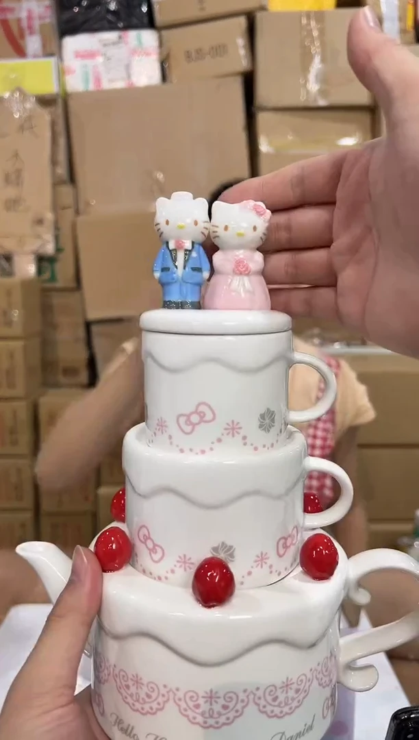 瓷片原盒kt猫结婚茶壶套组