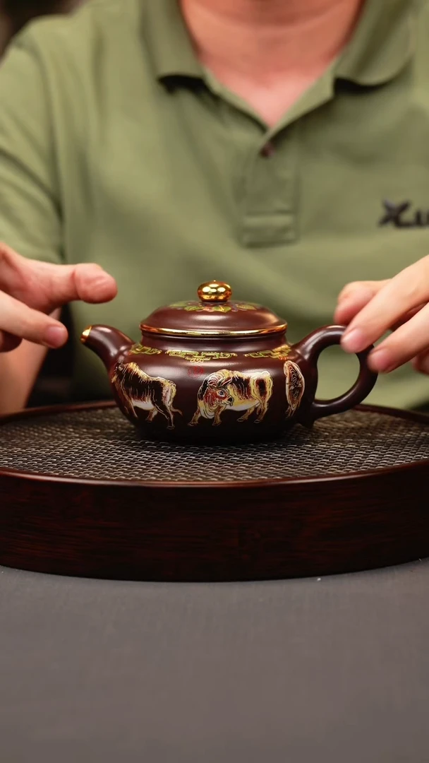 茶壶紫砂石红 仿古 五牛珐琅彩