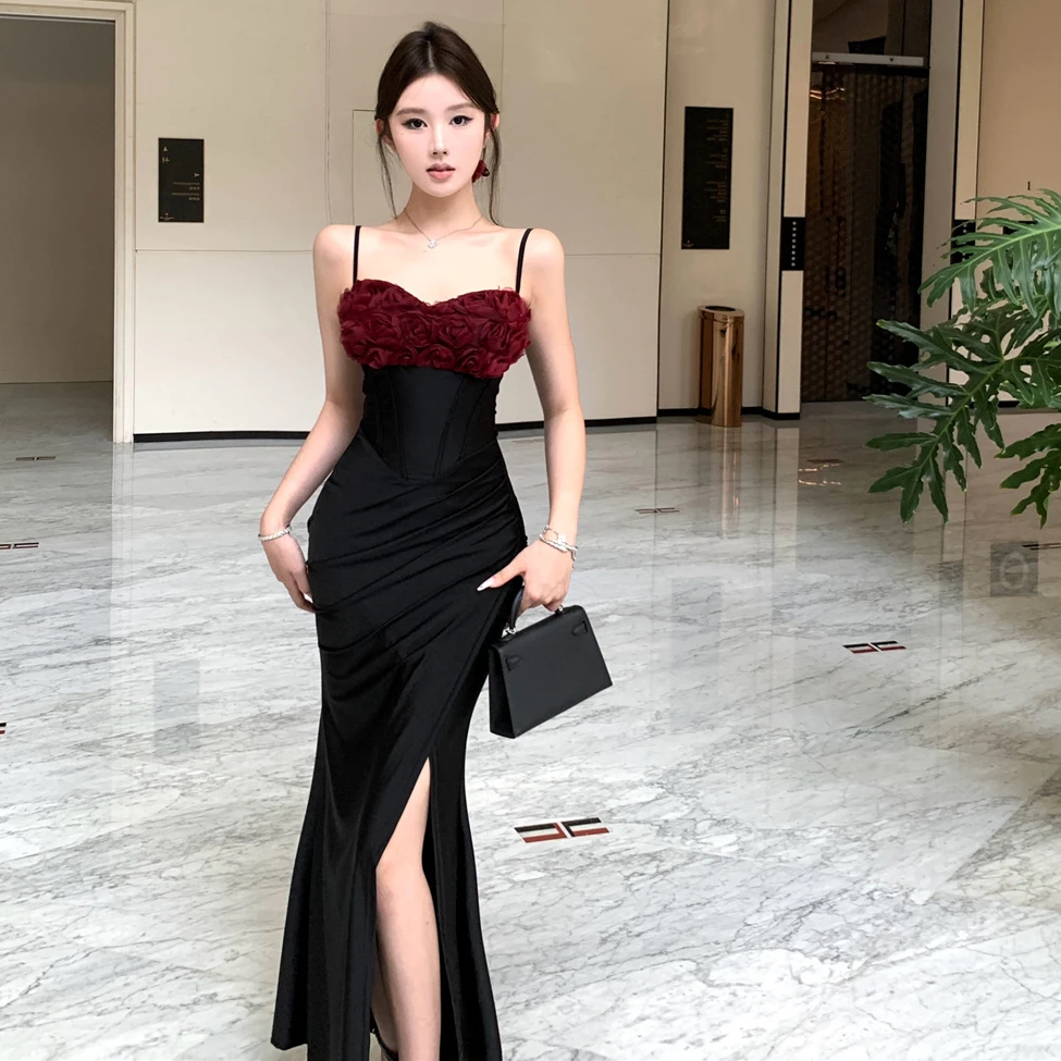 高级性感立体花朵抹胸连衣裙女夏季新款气质露背鱼尾礼服开叉长裙