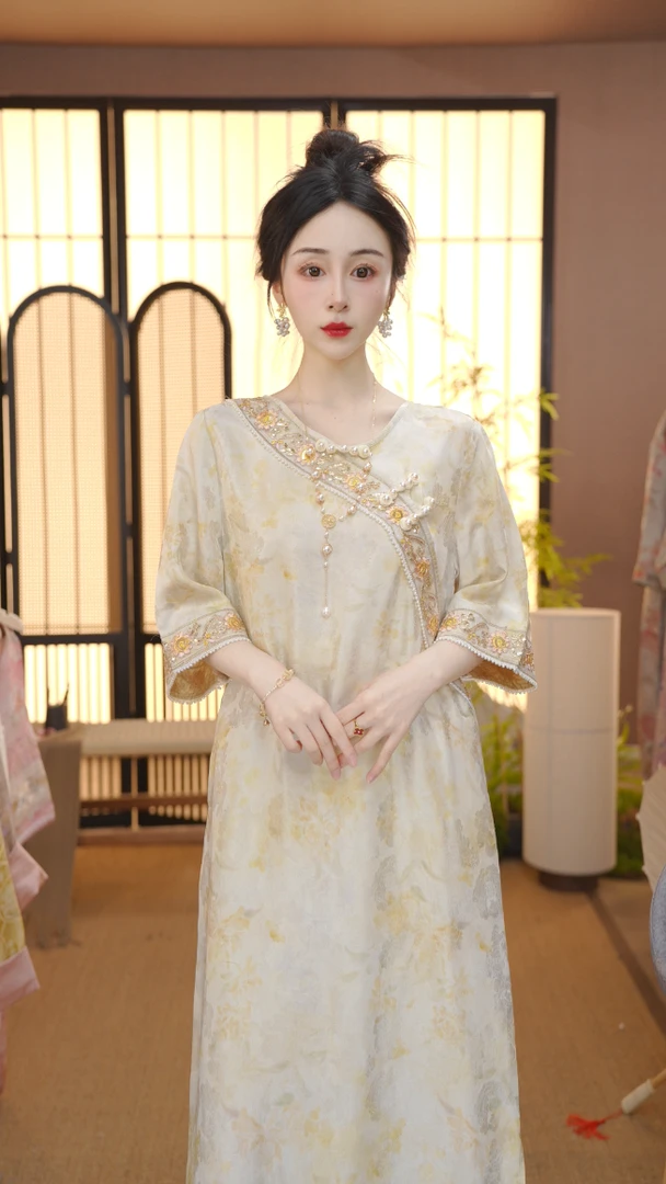 （宁安如梦）2025新中式改良斜襟春夏季女装宽松连衣裙FB2503264