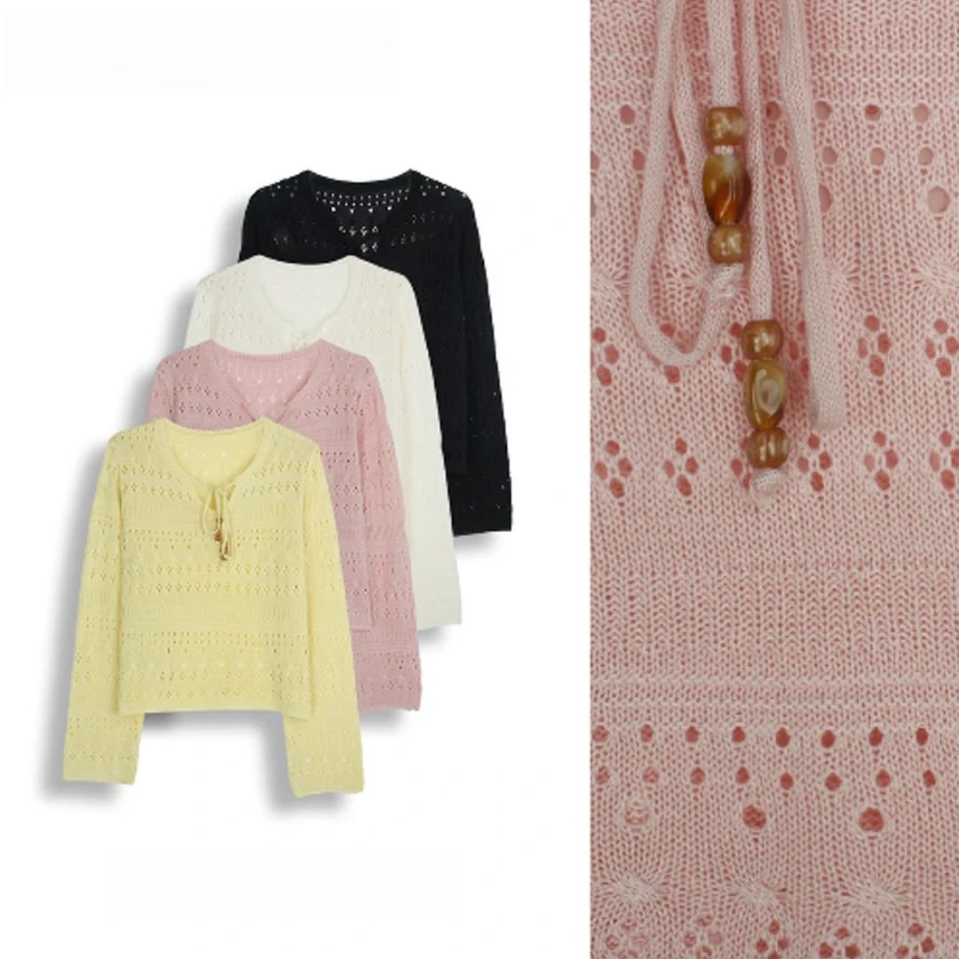 春季2025新款镂空针织衫女显瘦气质时尚圆领百搭长袖蕾丝短款