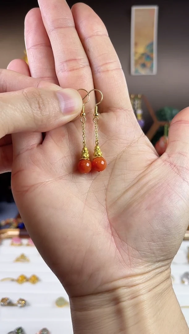 银S925镀金镶嵌南红玛瑙耳饰，822A-4子时归系列-南红耳钩