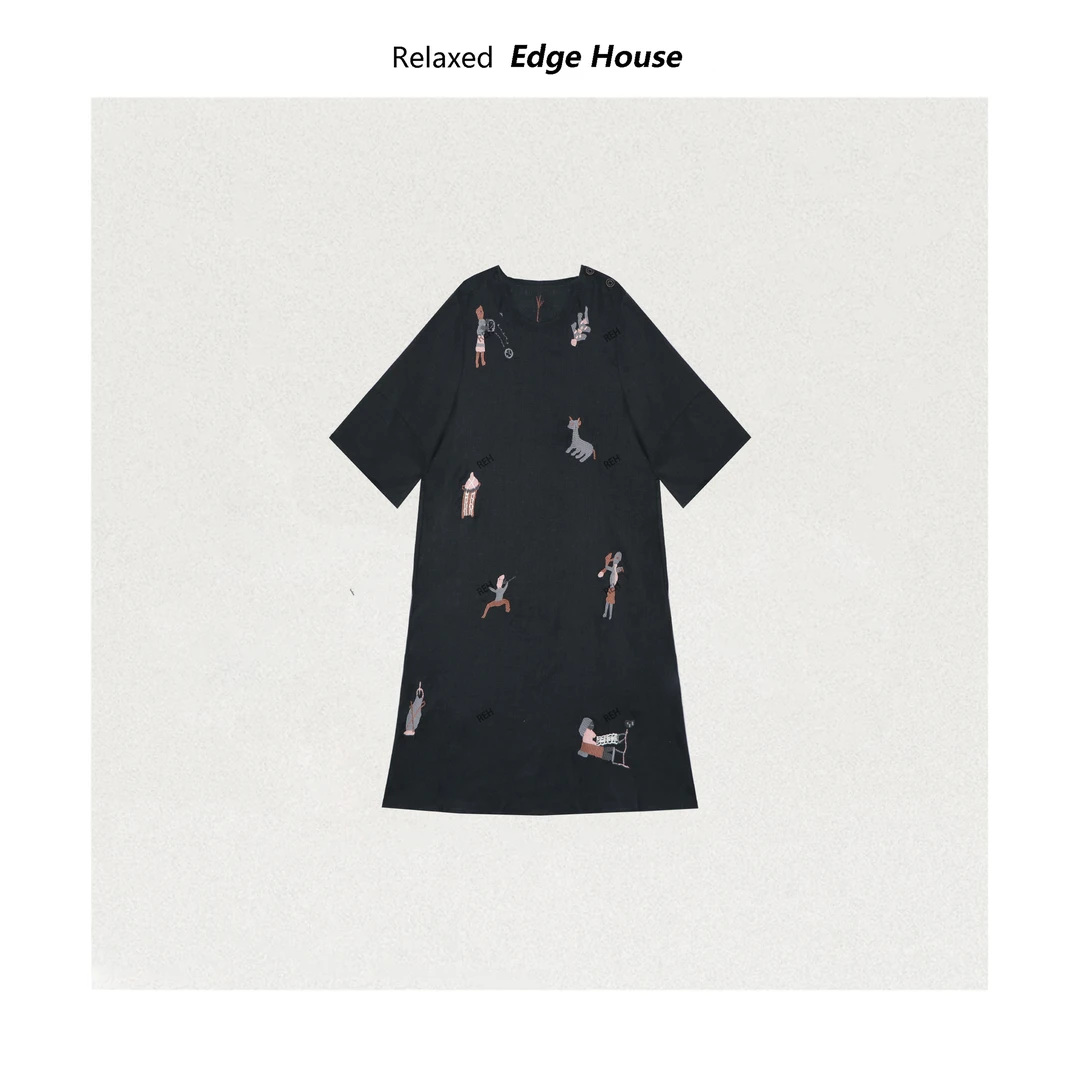 【嘻嘻家】亚麻刺绣裙 100亚麻刺绣简约圆领宽松版气质亚麻连衣裙