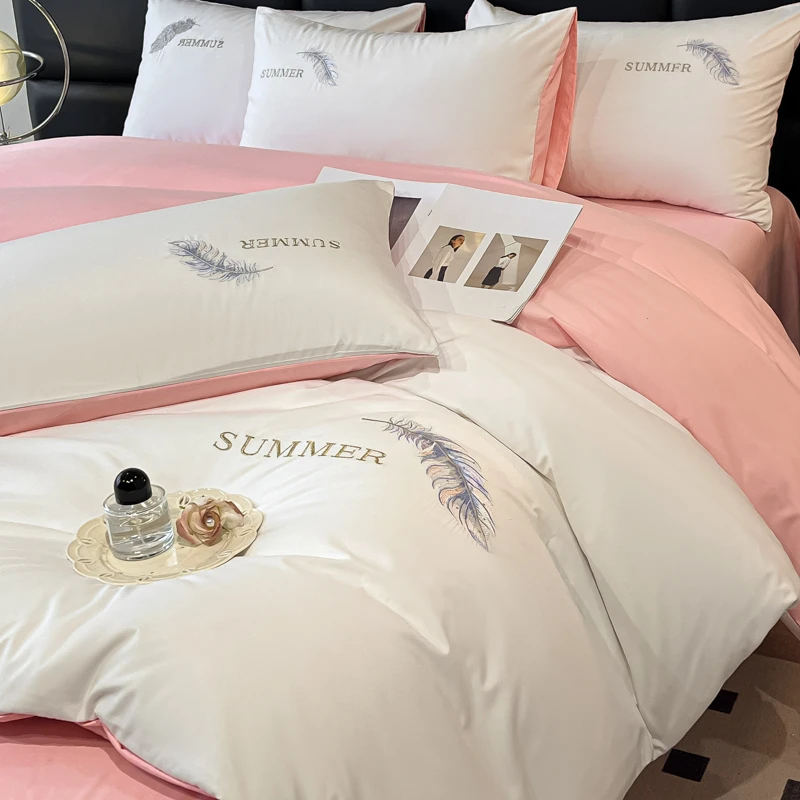 高端轻奢水洗棉床上四件套家用刺绣被套罩亲肤床单床笠床品三件套