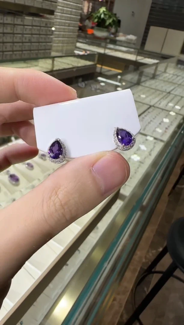 银S925镶嵌耳饰紫晶5*7mm耳钉