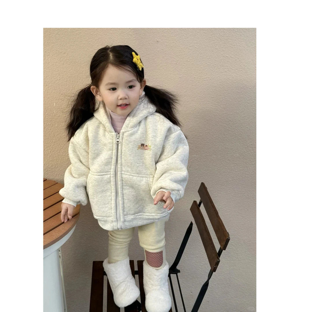壹妈童装韩版秋冬季厚款时髦百搭灰色连帽拉链外套洋气米色打底裤