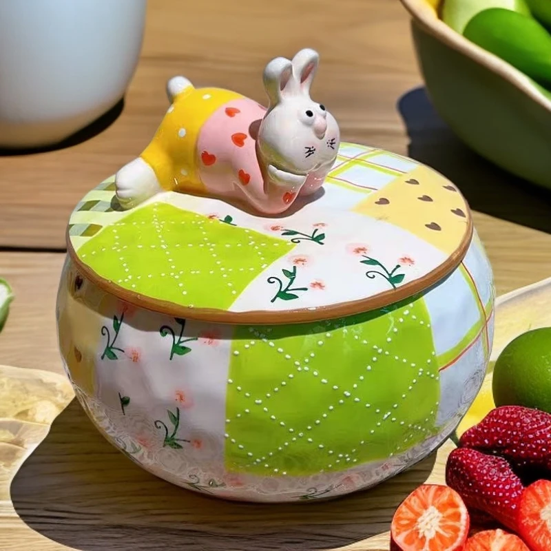 清仓拼布手作陶瓷8英寸盖碗，手工零食盒，茶点盒，水果碗，沙拉碗