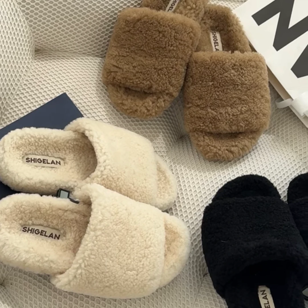 诗歌兰2025秋冬新款女鞋复古英伦风加绒保暖毛毛鞋女平底一字拖