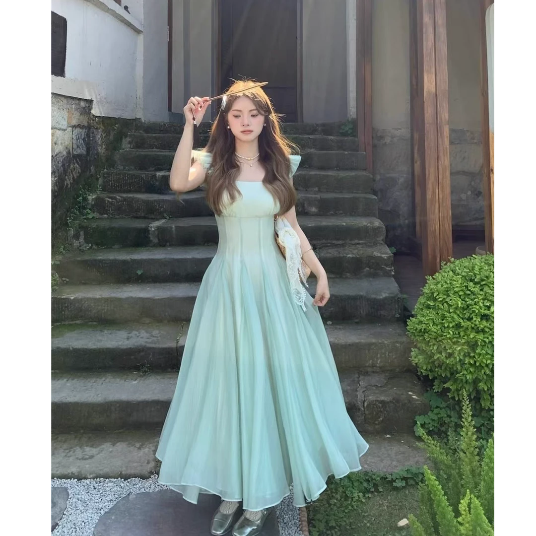 【呆呆】大码法式度假裙气质收腰大摆薄荷绿色浪漫连衣裙11084