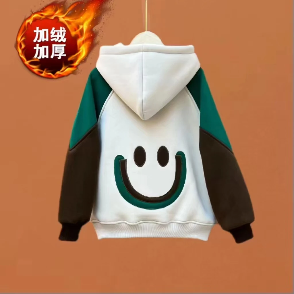 A现货冬款男女童加绒卫衣新款男童冬装韩版连帽一体绒上衣