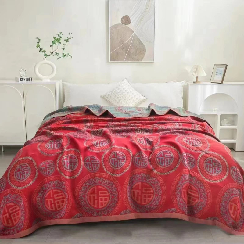 多功能亲肤精梳纯棉纱布盖毯---万福安康