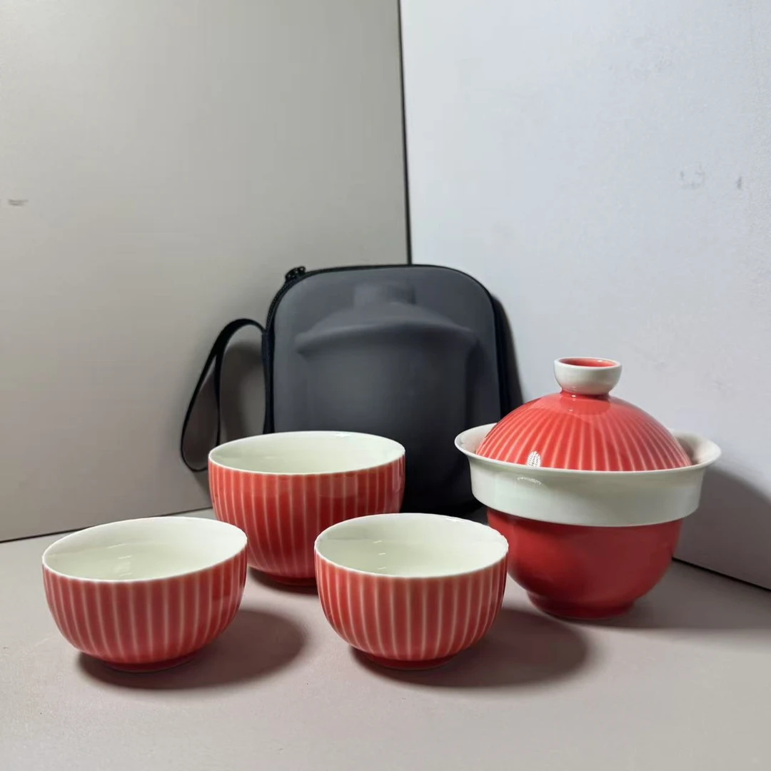 KK0817-朱红一壶三杯旅行套手工创意陶瓷陶瓷条纹带盖简约竖纹