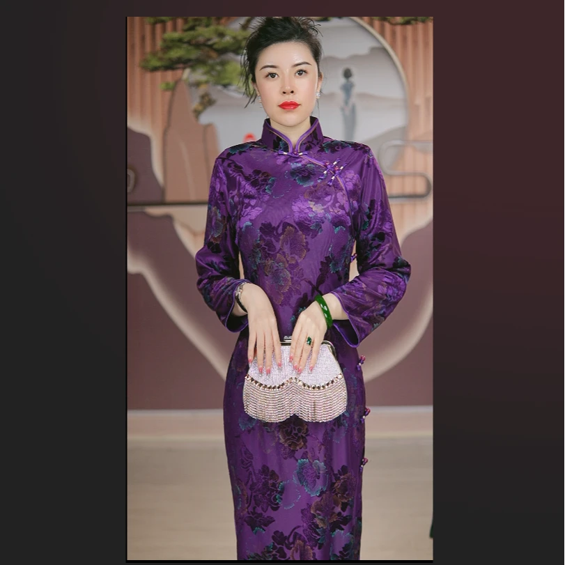 2025秋季新款中式复古国风紫色旗袍修身显瘦长款优雅高贵气质日常